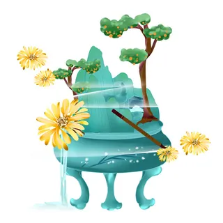 时尚微景观山水装饰庭院祥云中式国潮风插图插画元素素材设计模板