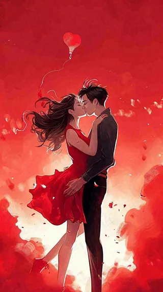 情人节情侣爱情红色爱心玫瑰，亲吻520心形