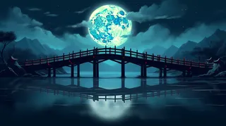夜晚月亮河流上的拱桥摄影图