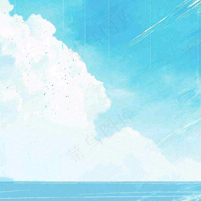 夏天海边蓝天白云水彩画