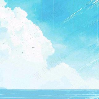 夏天海边蓝天白云水彩画