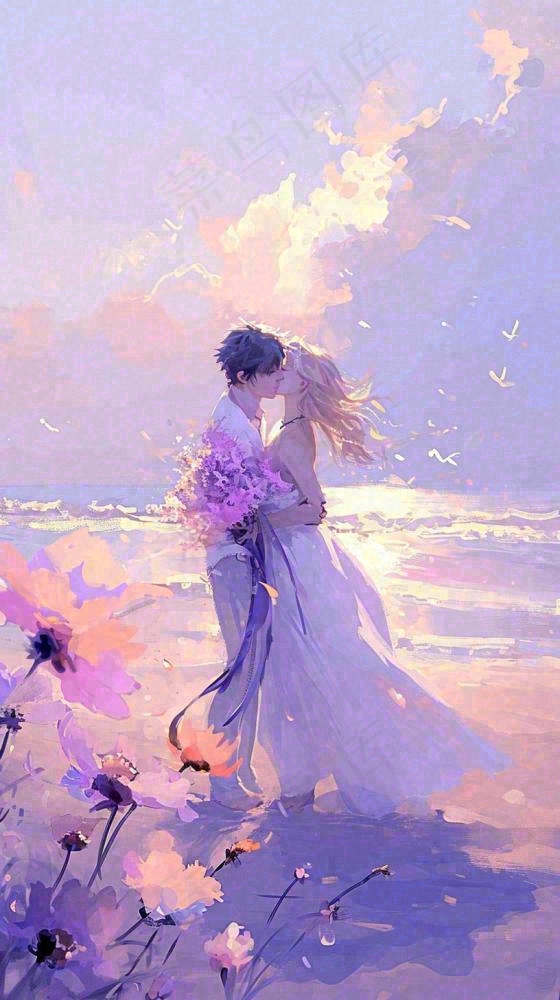 海边爱情情侣浪漫拥抱接吻，情人节婚纱照手绘插画