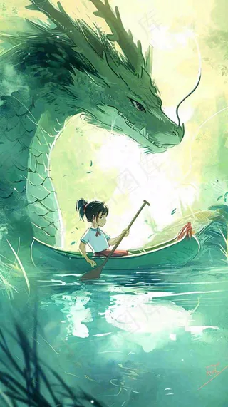 古风河面龙传统手绘插画，中国风漫画