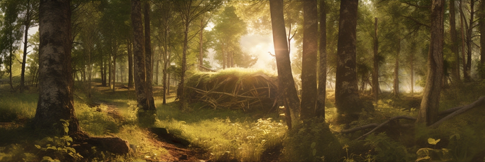 日出日落阳光穿过树林照射在森林的树上摄影图