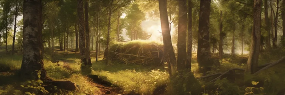 日出日落阳光穿过树林照射在森林的树上摄影图