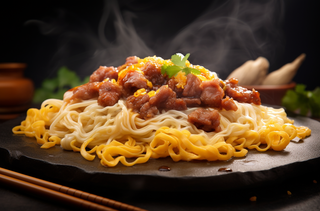 红油辣椒肉拌面美食摄影图