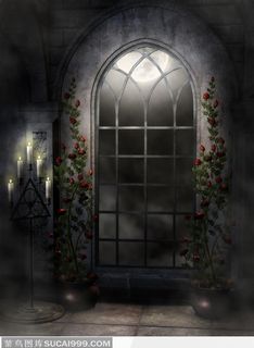 石质花纹玻璃窗户和花盆、烛台