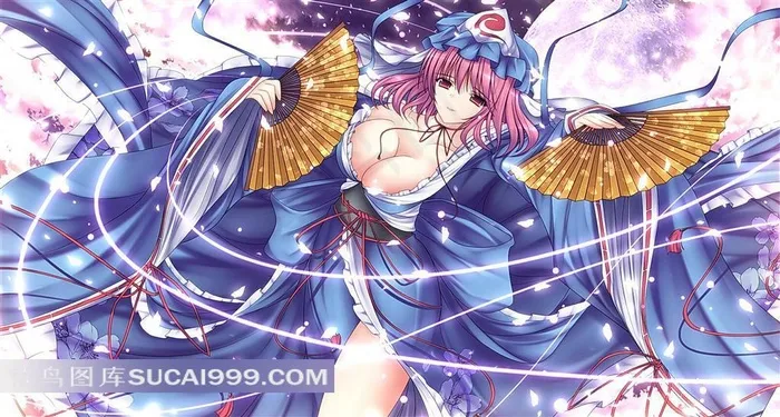 西行寺幽幽子拿扇子的美少女插画