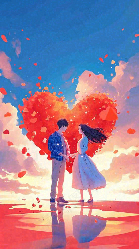 情人节浪漫情人爱心落日蓝天唯美，情侣亲吻爱情，卡通手绘插画(816x1456)