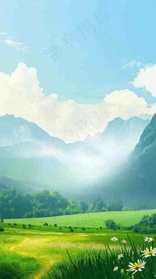 春天郊外露营旅行山脉蓝天白云草坪草地花丛，清新自然，惊蛰春分