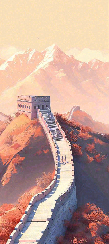 万里长城古风中国风古代建筑落日晚霞插画(736x1648)