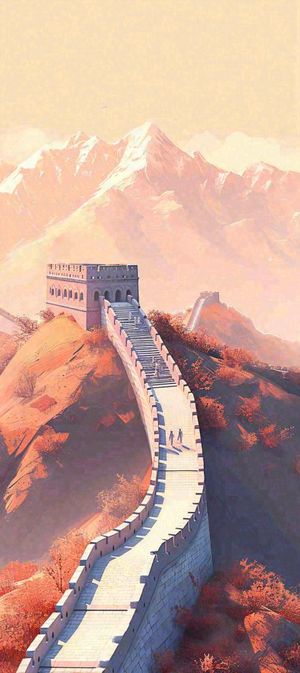 万里长城古风中国风古代建筑落日晚霞插画