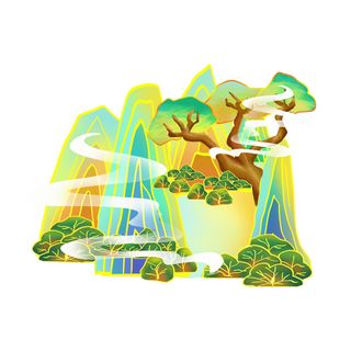 中国风国潮山水插画祥云中式手绘烫金线条元素png装饰背景PSD素材