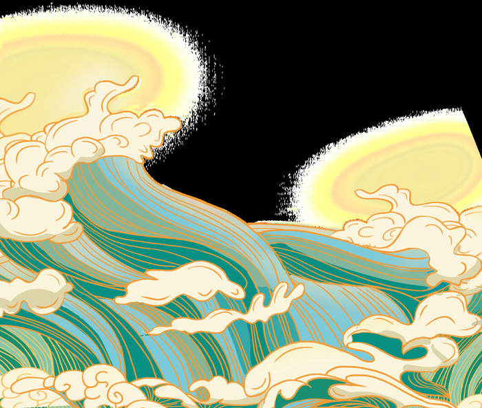 中国风国潮插画海浪波浪背景装饰浪花图案元素(3543x3000)psd模版下载