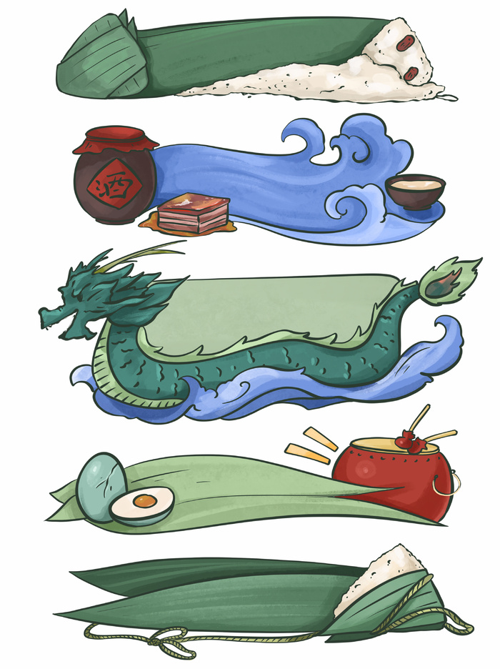 手绘端午节特色标题框粽子龙舟鸭蛋