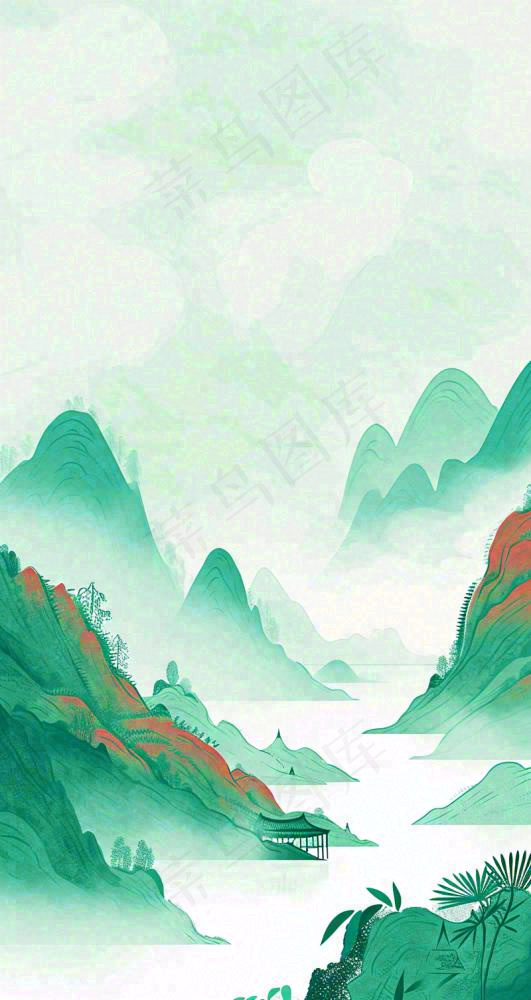 国风意境山水画落日绿色(800x1504)
