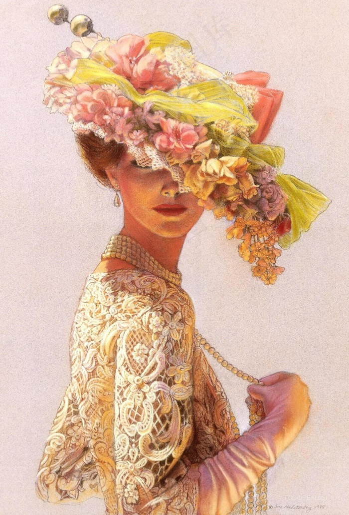 花卉草帽美女肖像装饰画
