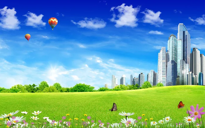 蓝天白云绿草花卉现代高楼风景