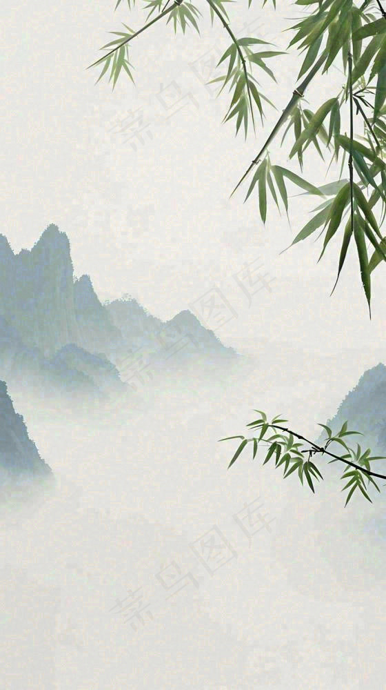 中国风云雾山脉意境竹叶山雾画插画(816x1456)
