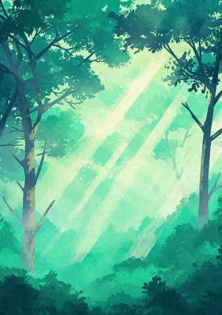 春意盎然的树林里阳光洒下绿草茵茵的水彩画