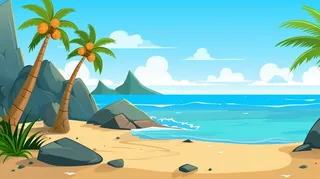 卡通插画海边沙滩礁石椰子树