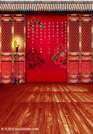 牡丹花背景墙和中国风移门