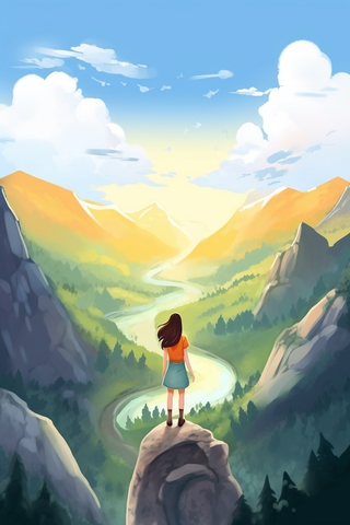 少年站在山顶眺望远方山川河流天空卡通插画素材