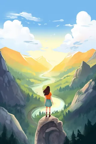 少年站在山顶眺望远方山川河流天空卡通插画素材