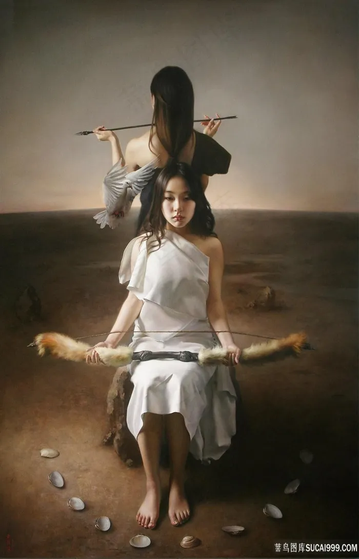 拿着弓箭的美女油画