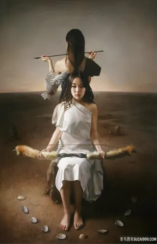 拿着弓箭的美女油画
