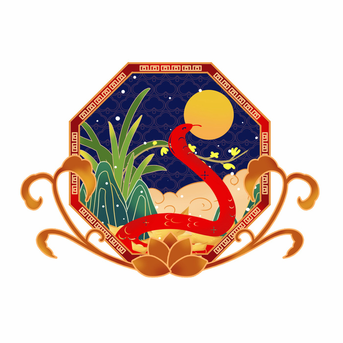 中国风国潮十二生肖蛇手绘烫金插画春节剪纸元素PSD设计素材psd模版下载