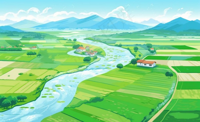 乡村村庄美丽风景河流插画农田插画背景(1408x864)