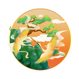 中国风国潮仙鹤山水插画手绘元素场景PSD设计素材