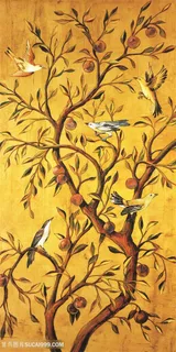 复古硕果鸟树枝插画手绘插画