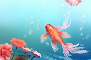 简约金鱼粉色花水花背景