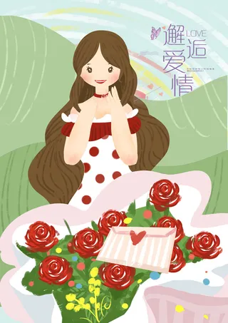 卡通温馨浪漫2月14七夕520情侣拥抱情人节主题插画海报PSD素材