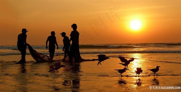 朝阳下撒网打鱼图片