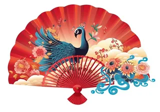 仙鹤中国红扇子元素