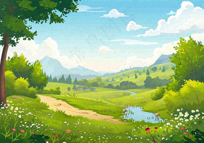 春日旅行草坪草丛花朵河流小溪野外郊游插画，春分(1296x912)