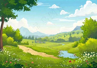 春日旅行草坪草丛花朵河流小溪野外郊游插画，春分
