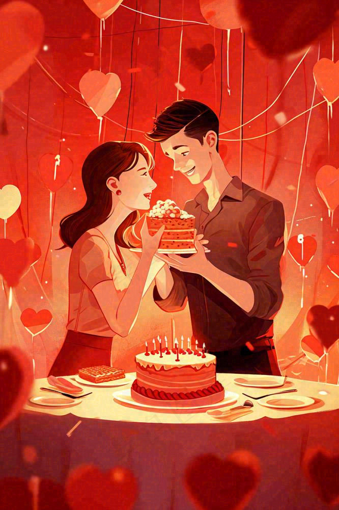 情人节爱心浪漫情侣晚餐生日蛋糕插画手绘