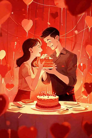 情人节爱心浪漫情侣晚餐生日蛋糕插画手绘