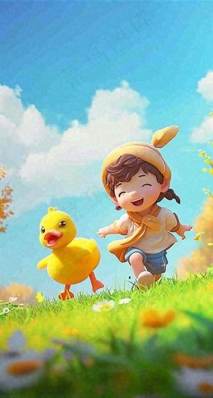 儿童节可爱鸭子奔跑，蓝天白云草地童真玩耍，清新插画