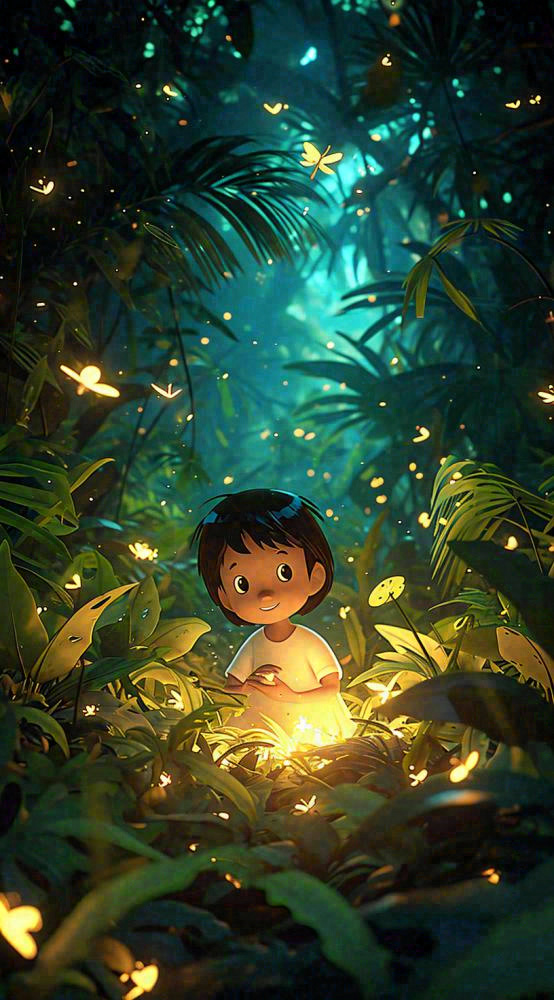森林意境儿童少女灯光蝴蝶手绘插画，丛林树木