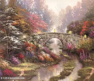 唯美风景画拱桥水彩插画装饰画