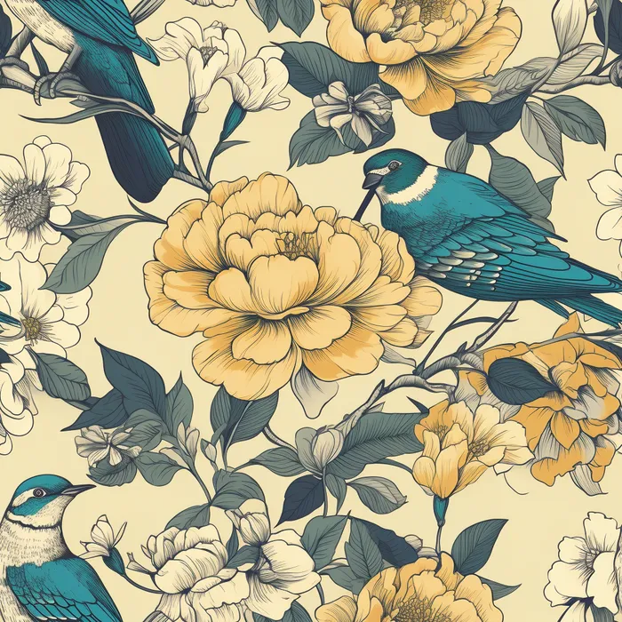 花鸟图，插画风格，无缝贴图，素材