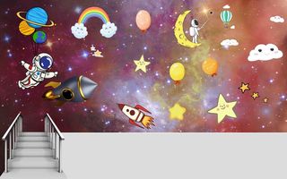 卡通太空儿童房背景墙