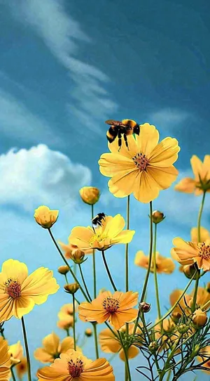 清新春天蓝天花丛黄色小花朵蜜蜂，春分摄影图