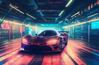 一辆跑车汽车停在装配车间红色朋克风格