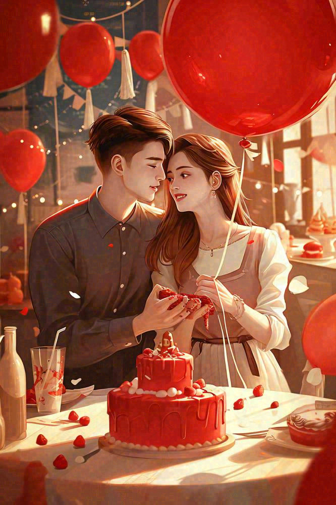 情人节爱心浪漫情侣晚餐生日蛋糕插画手绘